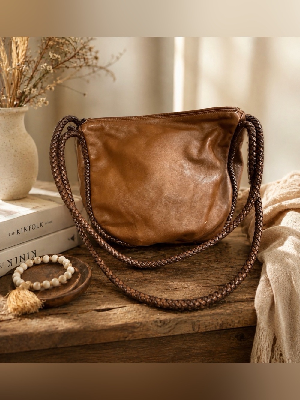 Gabrielle de Vecchi Tan Brown Braided-Strap Shoulder /crossbody boho slouchy Bag